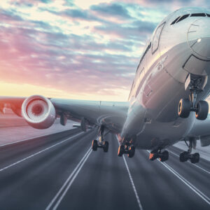 Airplane taking off from the airport.3d render and illustration.